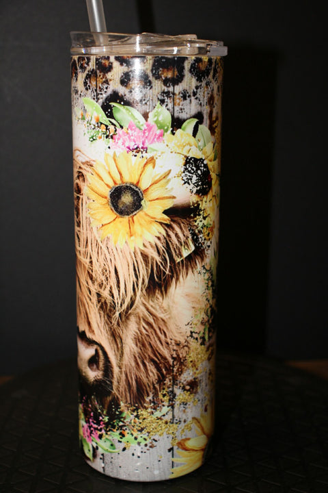 Highland Cow with Sunflowers Tumbler by Blue Petal Gfts