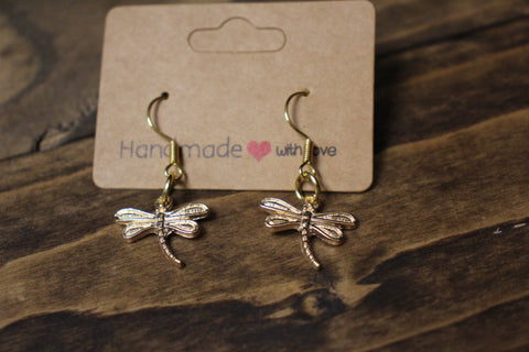 Handmade Gold Dragonfly Dangle Earrings