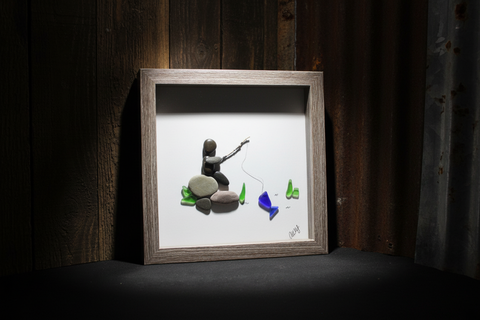 Man Fishing Rock and Beach Glass Shadow Box