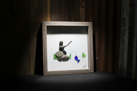 Man Fishing Rock and Beach Glass Shadow Box
