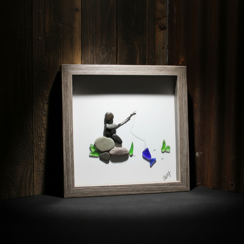 Man Fishing Rock and Beach Glass Shadow Box