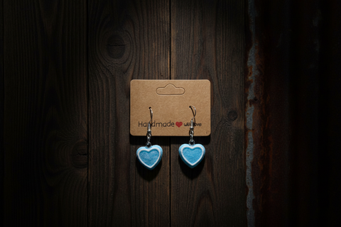 Handmade Blue Heart-Shaped Earrings with White Accent Border