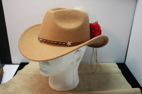 Tan Felt Cowboy Hat with Star-Studded Leather Band and Red & White Floral Side D