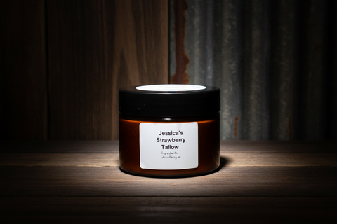Jar of 'Jessica's Strawberry Tallow' on a wooden surface with a dark background