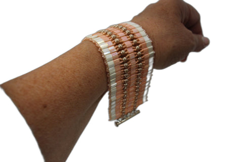 Beaded Cuff Bracelet in Peach and Pearl Tones