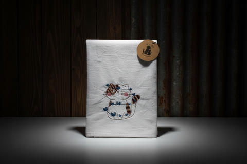 White Tea Towel with Embroidered Cat and Blue Heart Vine Design