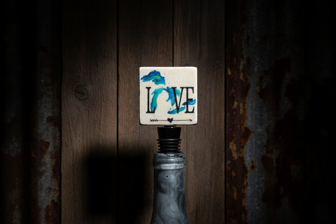 Beige Tile Wine Stopper with "LOVE" Text and Blue Great Lakes