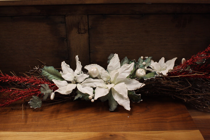 Winter White Poinsettia Swag with Red Glitter Branches