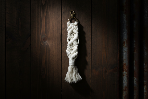 Cream Macramé Keychain with Tassel and Gold Clip