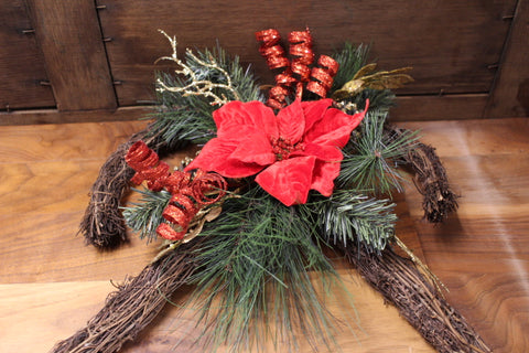 Rustic Candy Cane Wreath with Red Velvet Poinsettia and Glitter Accents