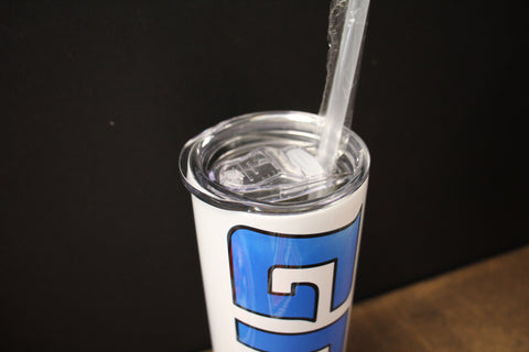 GRIT White Tumbler with Blue Bold Lettering and Clear Lid, 20oz