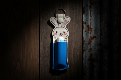 Beige & Blue Bunny Rabbit Embroidered Lip Balm Holder Keychain