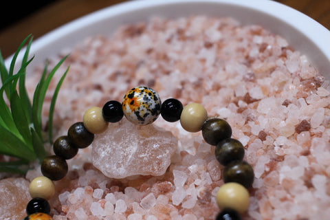 Orange& Black Beads W/ Brown, Tan, & Black small Wood  Beads Bracelet by Theiss