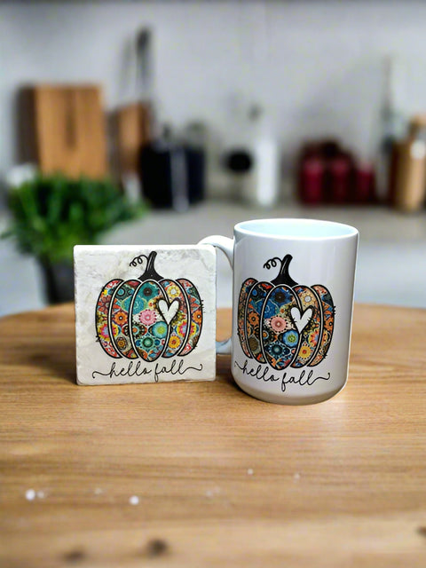 Hello Fall Coffee Mug and Coaster Gift Set by The Ravaged Barn