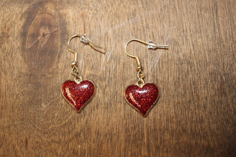 Handmade Red Glitter Heart Earrings with Gold-Tone Finish