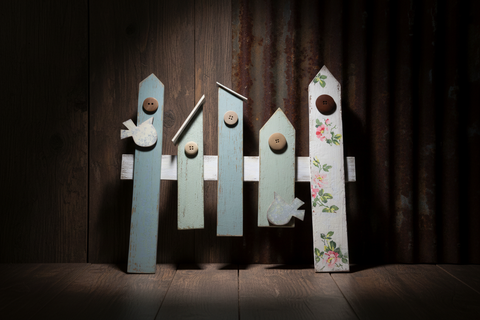 Handcrafted Birdhouse Fence Art – Floral & Button Detail (16" x 18")