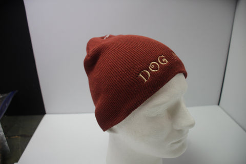 Rust Red Knit Beanie with "Dog Mom" Embroidery