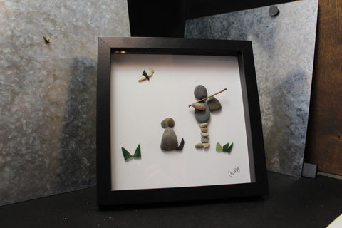 Boy Fishing with Dog Pebble Art by Amy