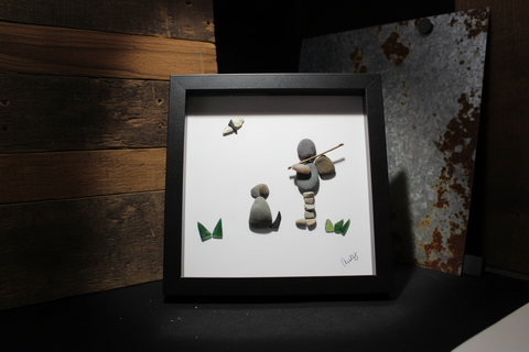 Boy Fishing with Dog Pebble Art by Amy