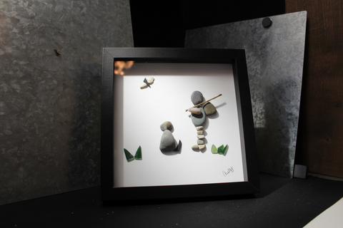 Boy Fishing with Dog Pebble Art by Amy