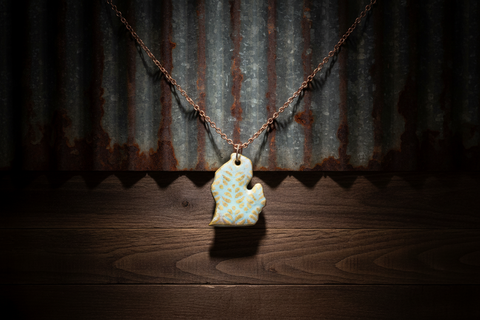 Turquoise and Gold Textured Michigan Pendant Necklace with Copper Chain