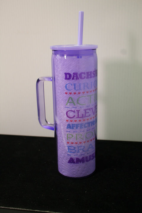 "Purple Insulated Glass Tumbler with Dachshund-Themed Typography Design, Hand