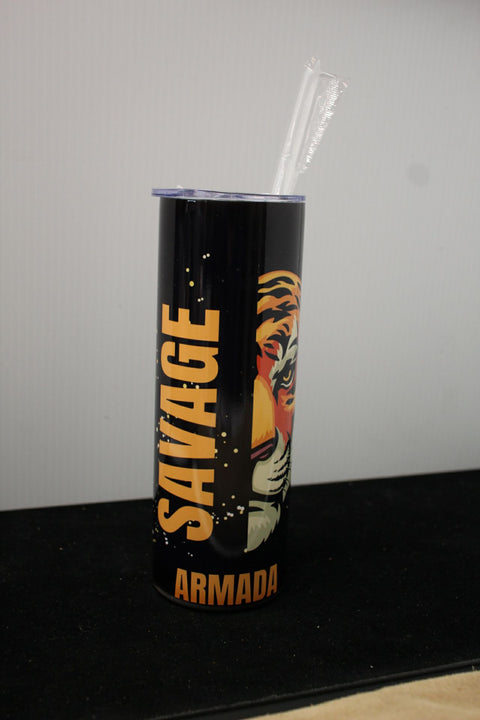 "Stainless Steel Insulated Tumbler with Tiger Design, 'Savage Armada' Text, and