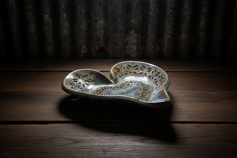 Handcrafted Brown and White Ceramic Heart-Shaped Dish with Textured Center