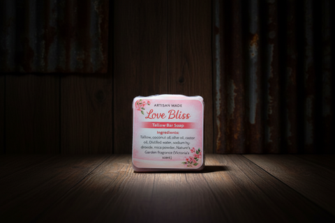 Bar of soap with a label on a wooden surface