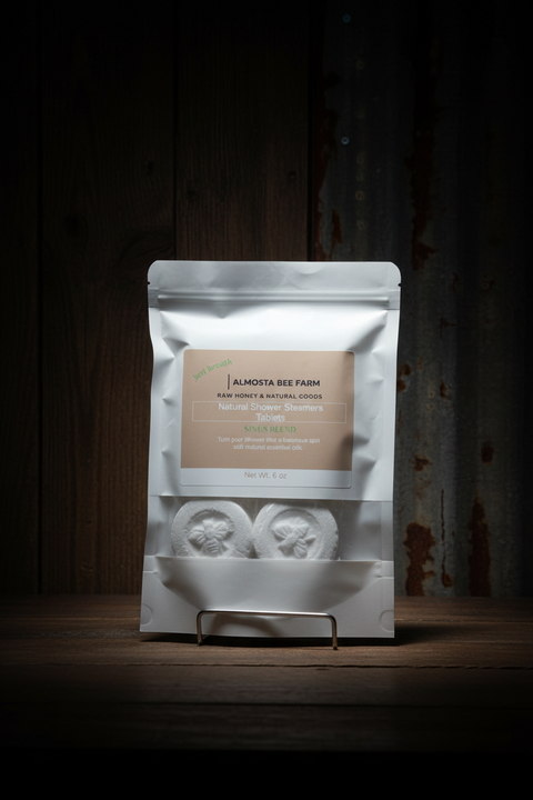 Packaged product from Almotta Bee Farm on a dark wooden background