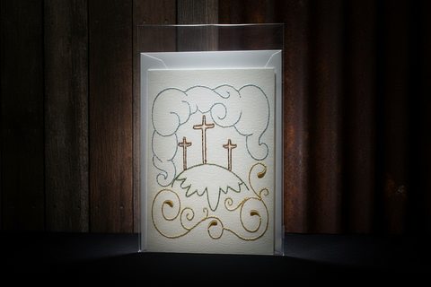 Embroidered Greeting Card Featuring Three Crosses on a Hill w/ Clouds and Swirls