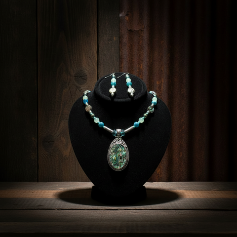 Outrageously Millie Oval Abalone Pendant Necklace and Earring Set