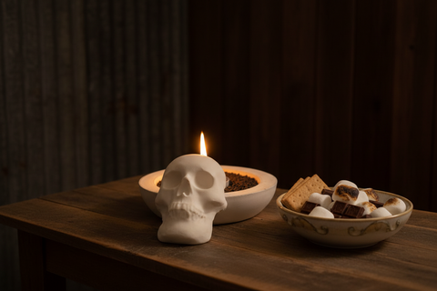 Skull-shaped concrete candle holder with a lit candle on a wooden table, with a bowl of S'mores.