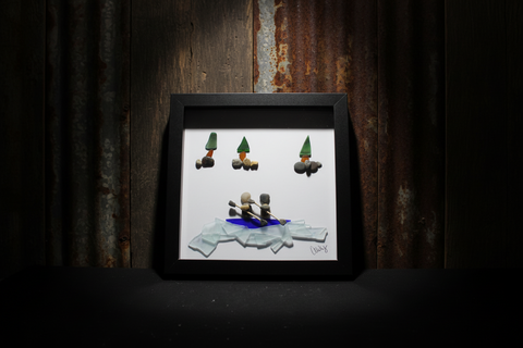 Handcrafted Pebble Art Rowing Couple Shadow Box by Art By Amy