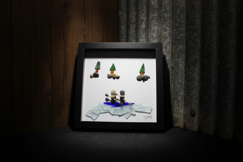 Handcrafted Pebble Art Rowing Couple Shadow Box by Art By Amy