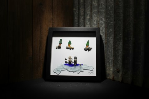 Handcrafted Pebble Art Rowing Couple Shadow Box by Art By Amy
