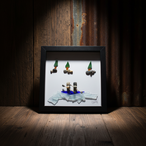 Handcrafted Pebble Art Rowing Couple Shadow Box by Art By Amy