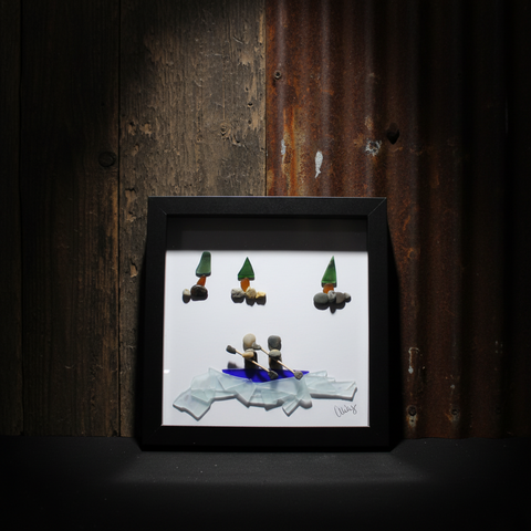 Handcrafted Pebble Art Rowing Couple Shadow Box by Art By Amy