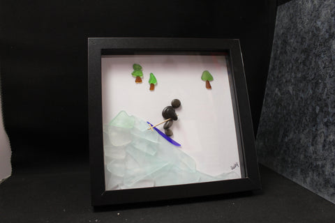 Pebble Art Downhill Skiing Shadow Box by Art By Amy