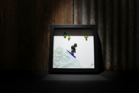 Pebble Art Downhill Skiing Shadow Box by Art By Amy