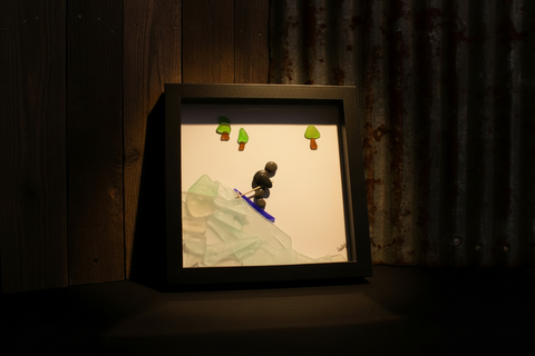 Pebble Art Downhill Skiing Shadow Box by Art By Amy