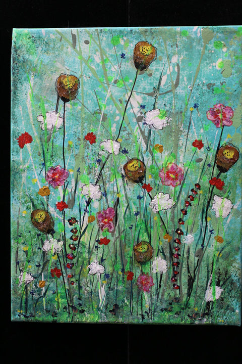 Abstract Mixed Media Wildflower Canvas Art w/Glass Shards