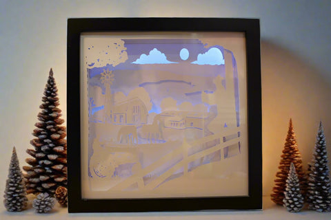 Illuminated Farm Scene Shadow Box Art