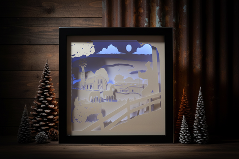 Illuminated Farm Scene Shadow Box Art