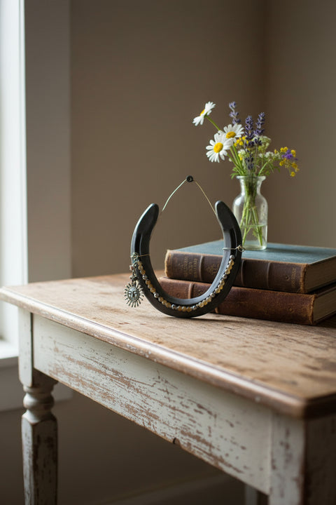 Live Lucky Decorative Horseshoe with Bronze Sun Face Charm and Earthtone Beads