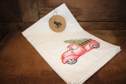 Red Truck Christmas Embroidered Tea Towel by Suki B's Creations