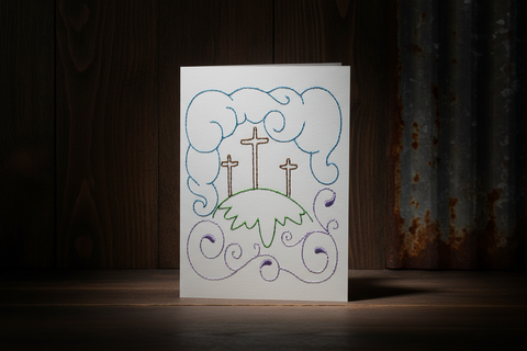 Embroidered Greeting Card Featuring Three Crosses on a Hill w/ Clouds and Swirls
