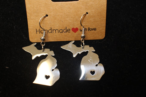 Handmade Stainless Steel Michigan Map Earring with Heart Cutout