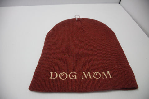 Rust Red Knit Beanie with "Dog Mom" Embroidery