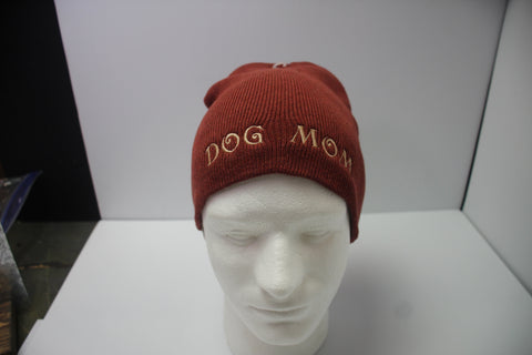 Rust Red Knit Beanie with "Dog Mom" Embroidery